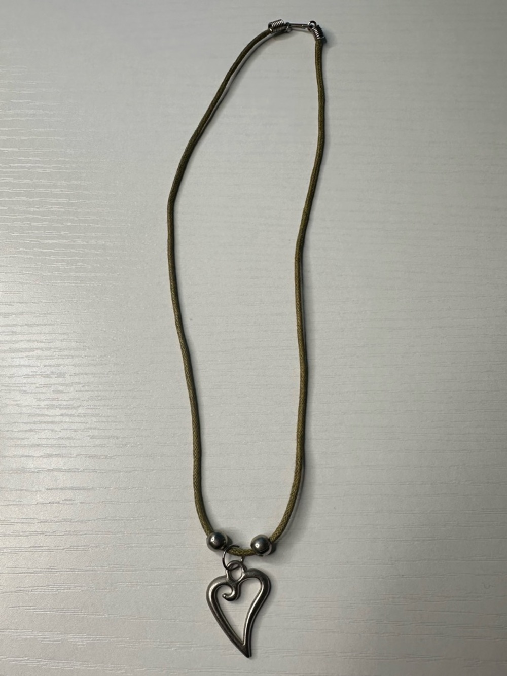 Olive Green Cord Necklace with Silver Heart Pendant